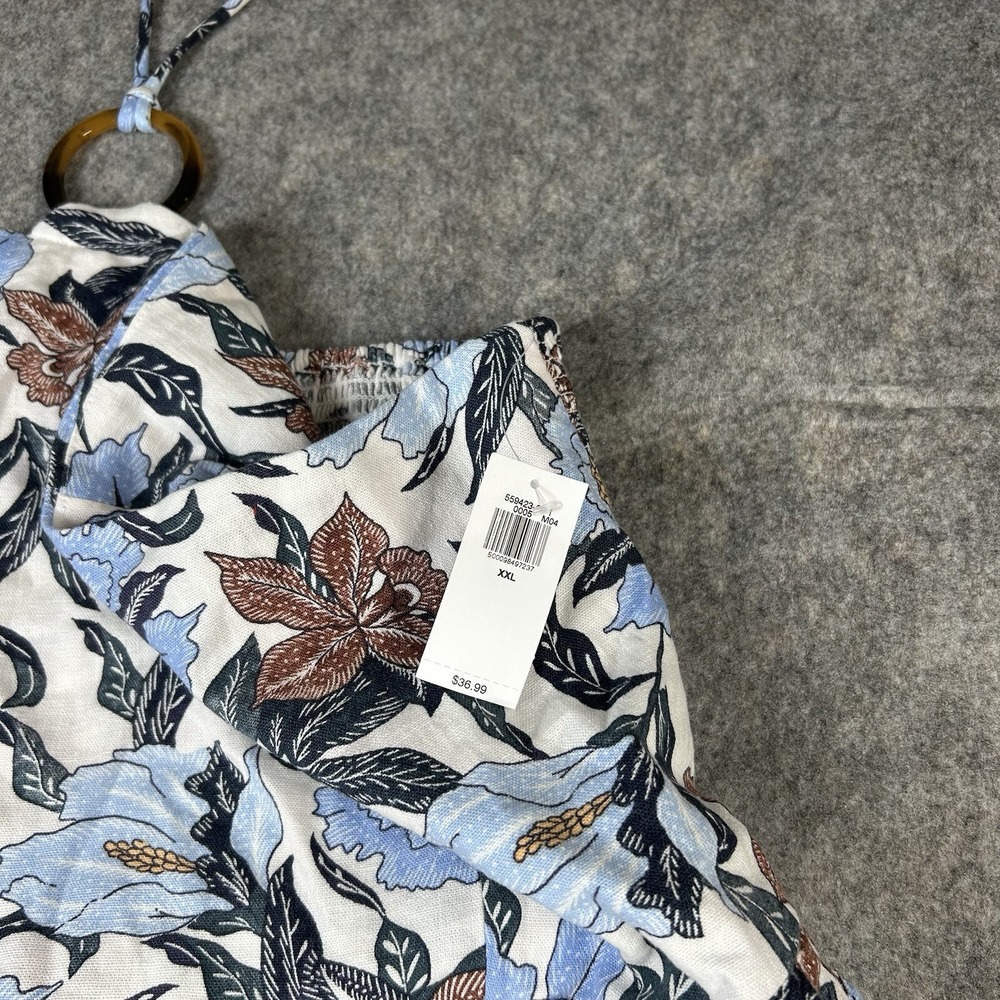 Old Navy Romper 2XL Blue Floral Linen Blend O Ring Halter Smocked Back Resort - Picture 8 of 11